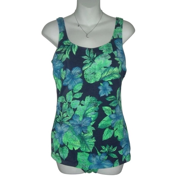Vintage 70's Unite Bathing Suit Blue Green Tropical Vacation Tankini Swimsuit 14 - Picture 1 of 11